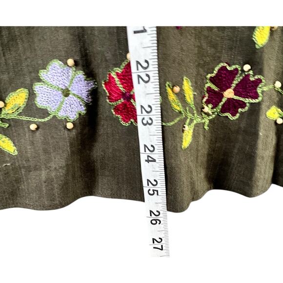Due Per Due  A Line Skirt 12 Olive Green Linen Blend Embroidered Beaded Cottage - Picture 7 of 10